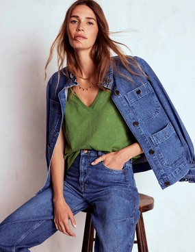 Short Sleeve V Neck T-shirt-Safari Green Sporty Cardigan