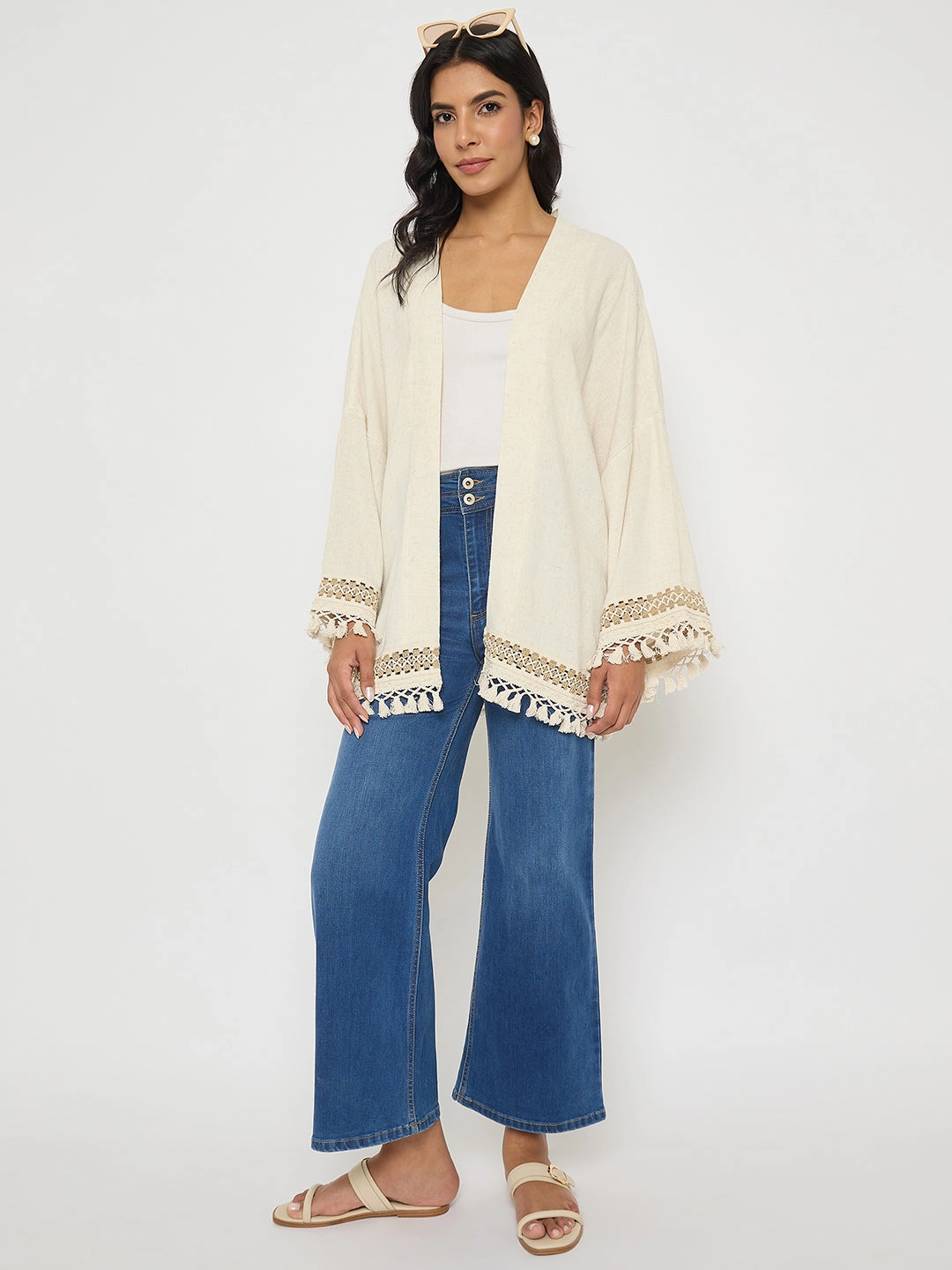 Casual Design Madame Double Waisted Whiskered Wide Leg Mid Blue Jeans