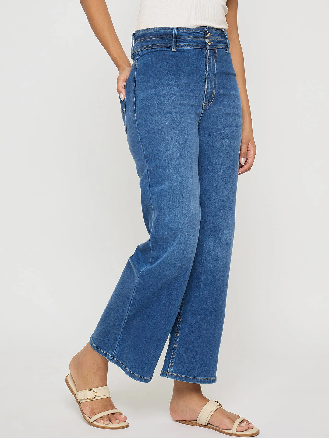 Madame Double Waisted Whiskered Wide Leg Mid Blue Jeans Quick Drying Fabric
