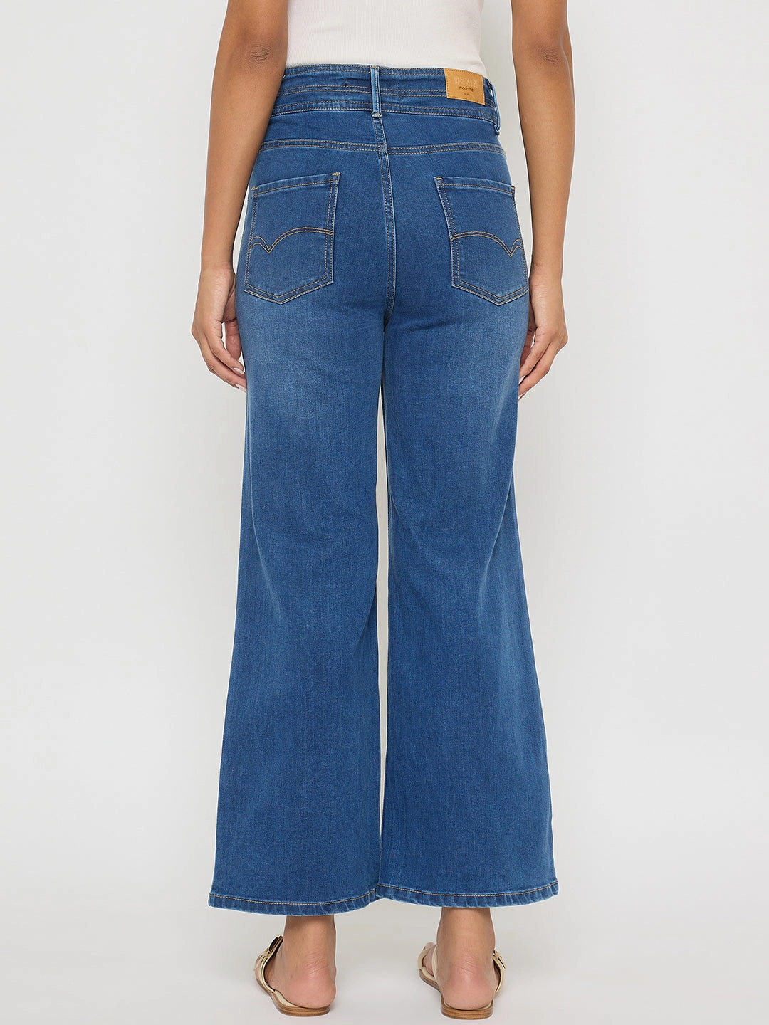 Madame Double Waisted Whiskered Wide Leg Mid Blue Jeans Relaxed Mood