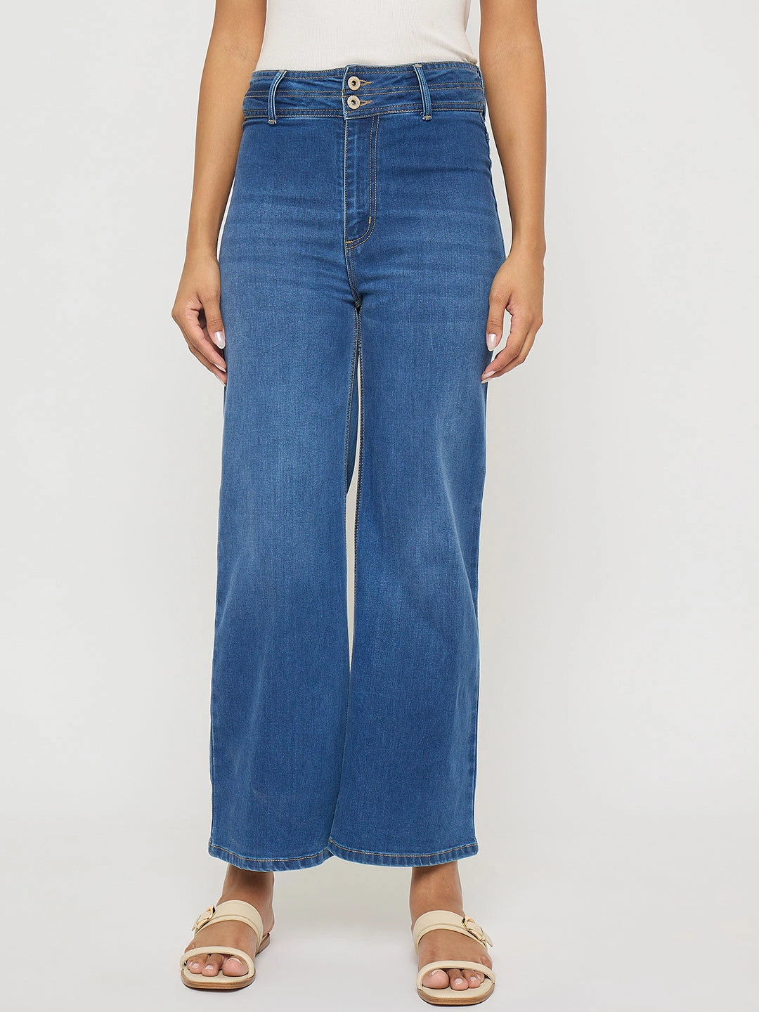 Basic Outfit Winter Warmth Minimalist Style Picnic Style Madame Double Waisted Whiskered Wide Leg Mid Blue Jeans