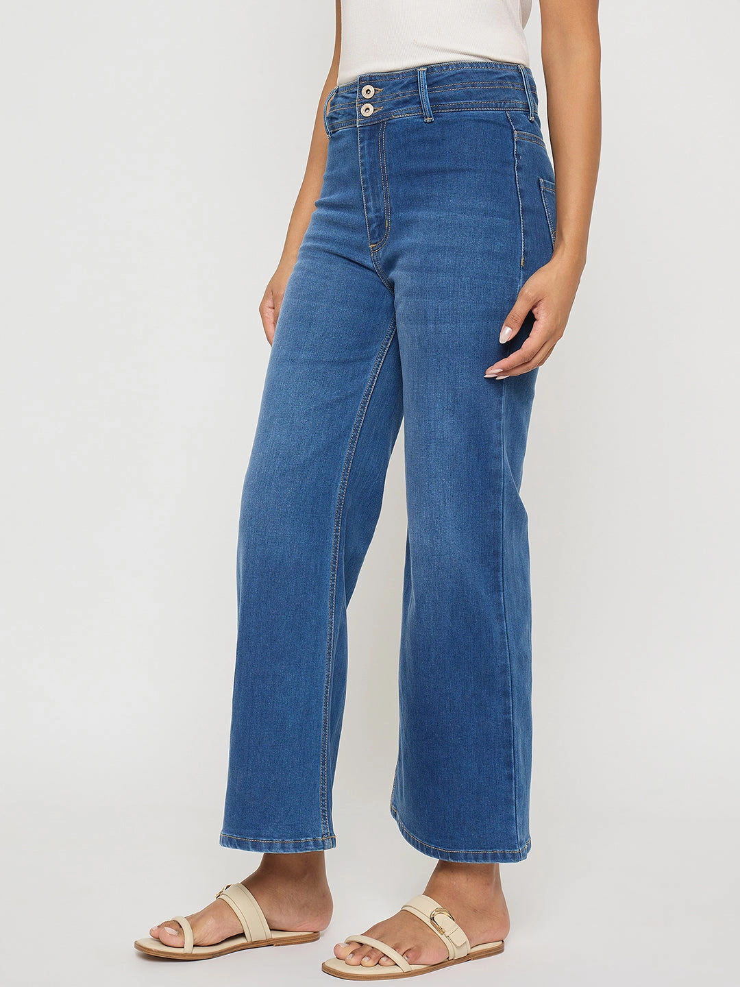 Textured Family Style Autumn Days Zip Fly Closure Madame Double Waisted Whiskered Wide Leg Mid Blue Jeans