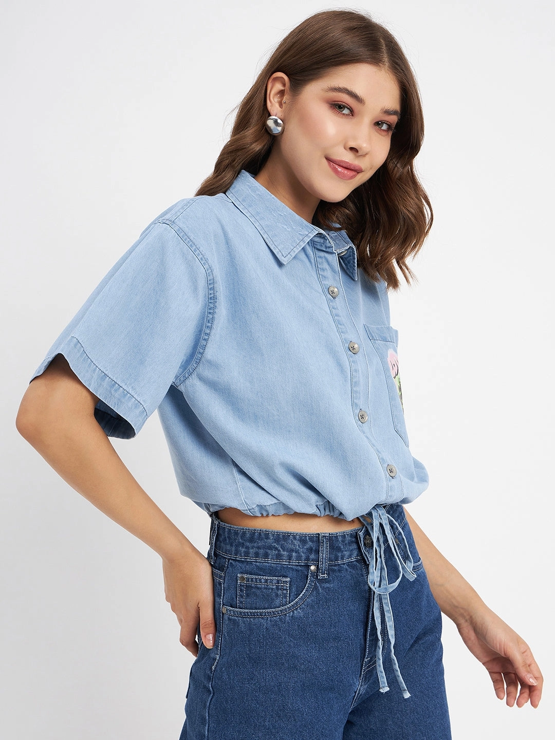 Active Comfort Ribbed Trim Madame Graphic Print Light Blue Cotton Shirt