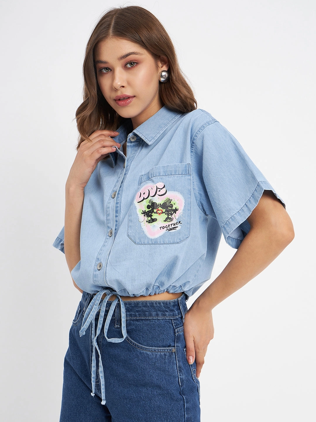 Tropical theme Madame Graphic Print Light Blue Cotton Shirt