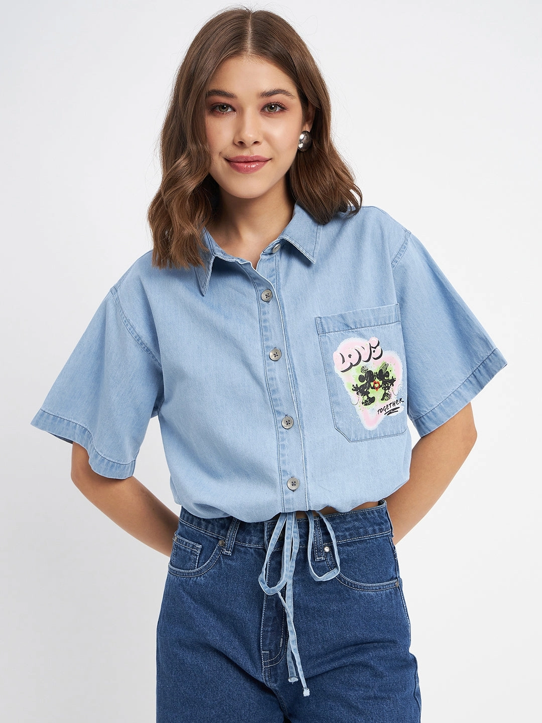 Madame Graphic Print Light Blue Cotton Shirt tailored look Soft Texture