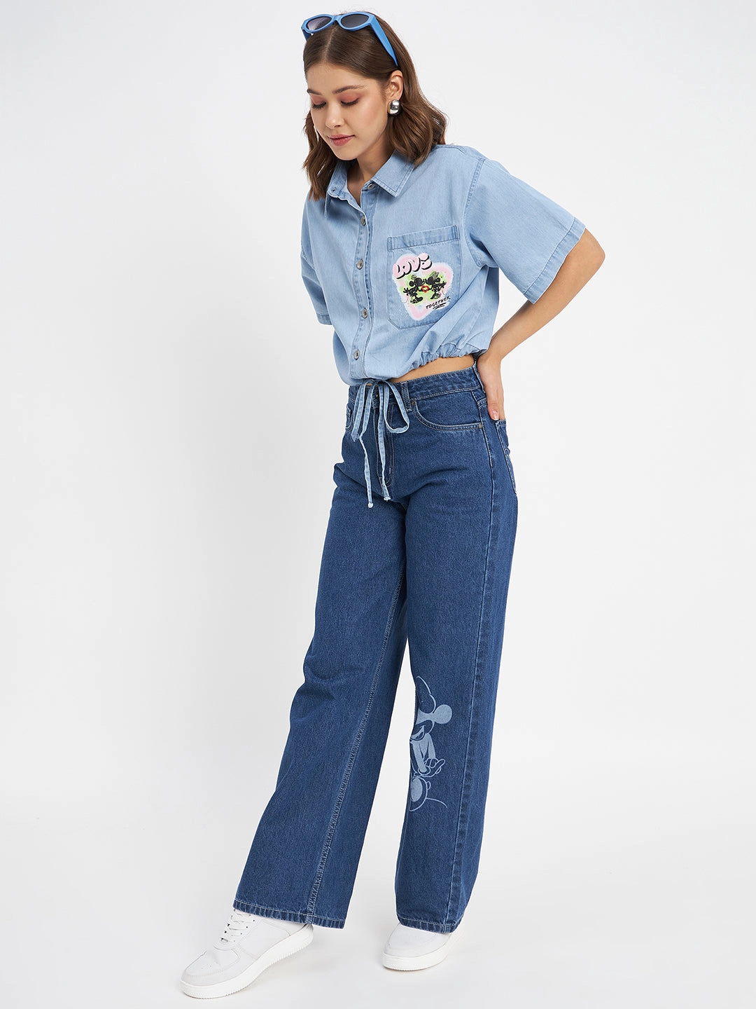 Madame Graphic Print Light Blue Cotton Shirt Simple Layer No Slip Shoulder Grips