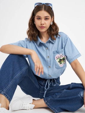 Madame Graphic Print Light Blue Cotton Shirt Flexible Shoulder Construction
