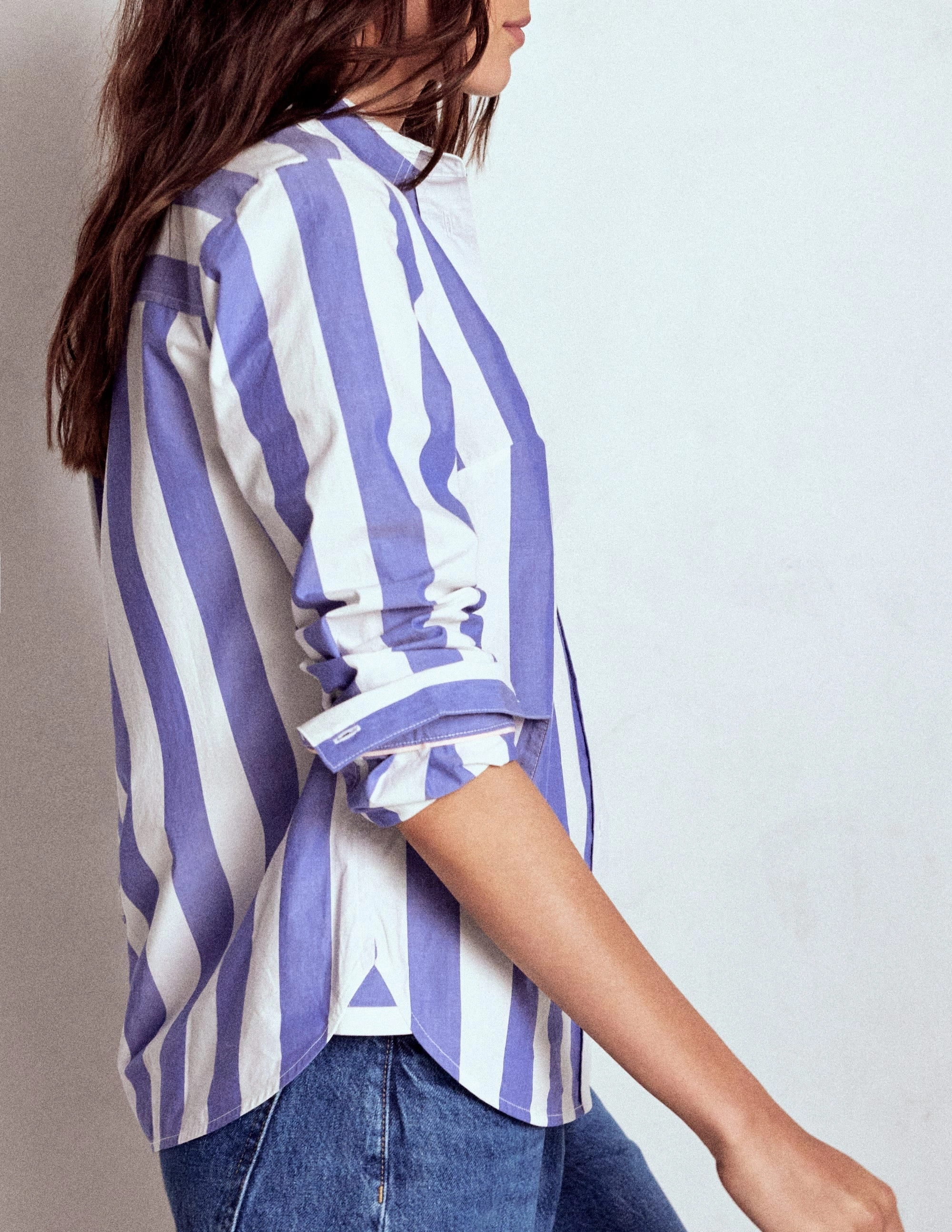 family gathering Lightweight texture Sienna Cotton Shirt-Bright Blue and Ivory Stripe