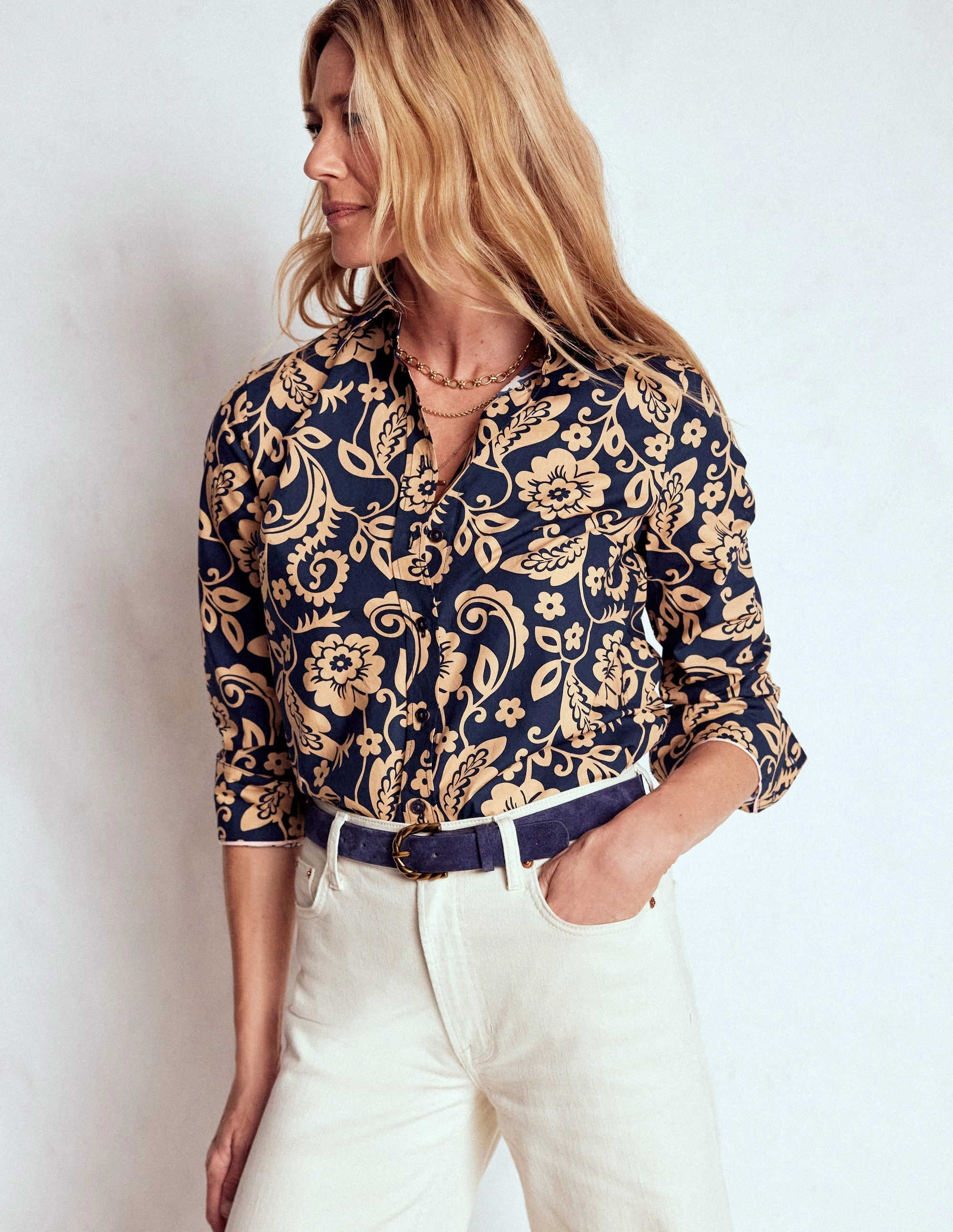 Sienna Cotton Shirt-French Navy, Ornate Flora Cooling Core Technology Iconic look