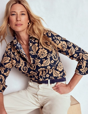 Sienna Cotton Shirt-French Navy, Ornate Flora Geometric Pattern Roomy Cut