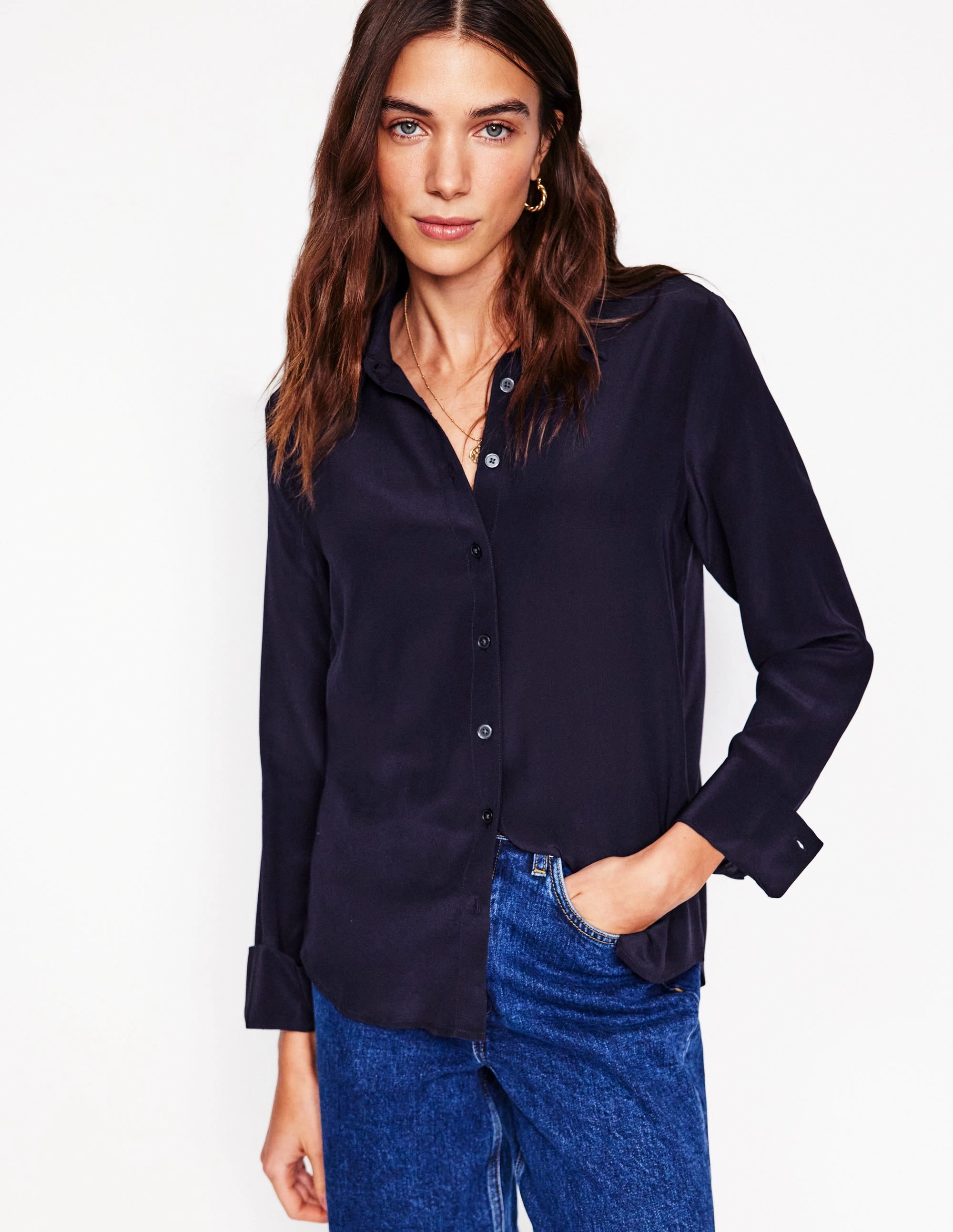 Pure Cotton Sienna Silk Shirt-Navy