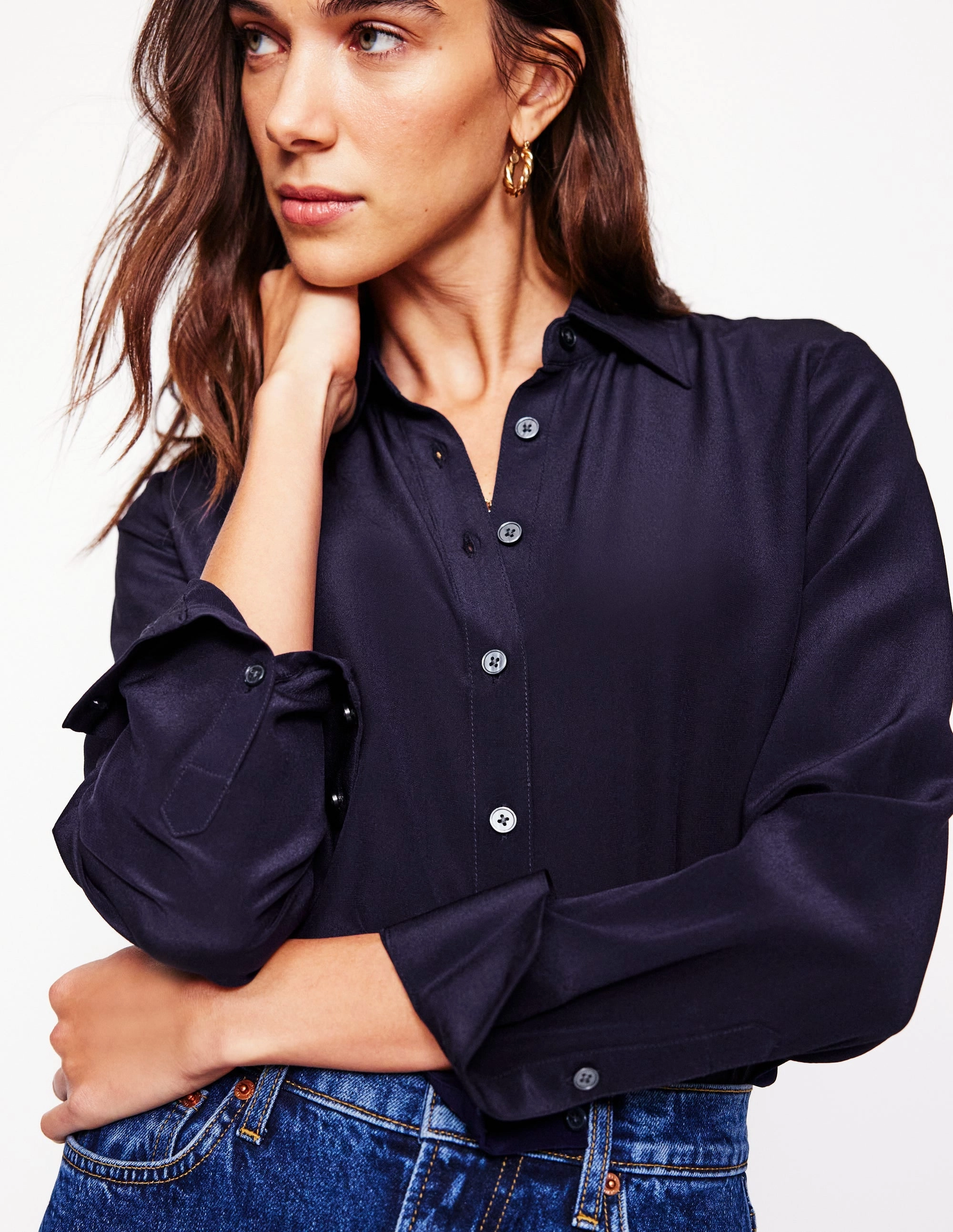 Sienna Silk Shirt-Navy Metallic Finish Plus size option