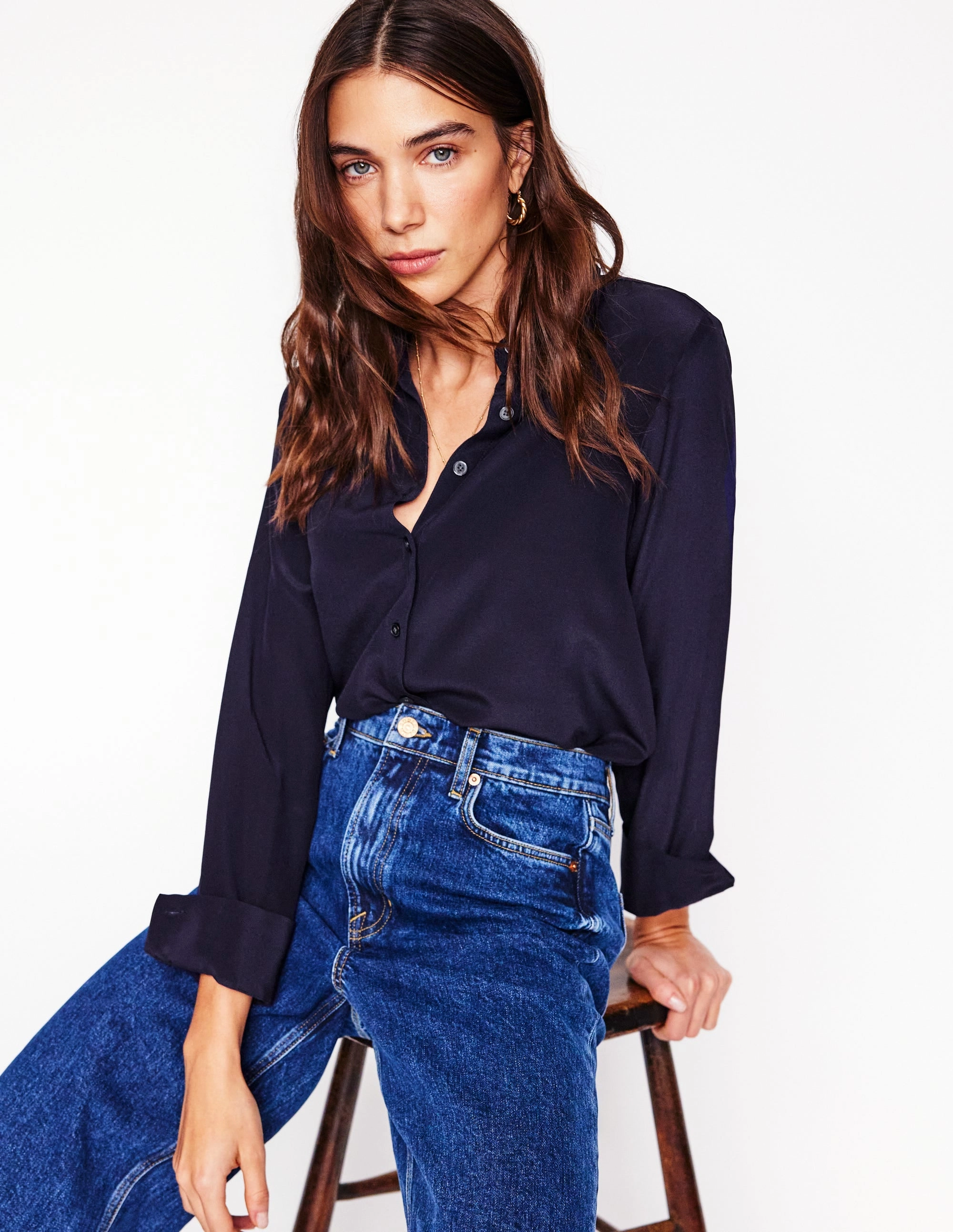 Sienna Silk Shirt-Navy Non Irritating Tags Premium Comfort