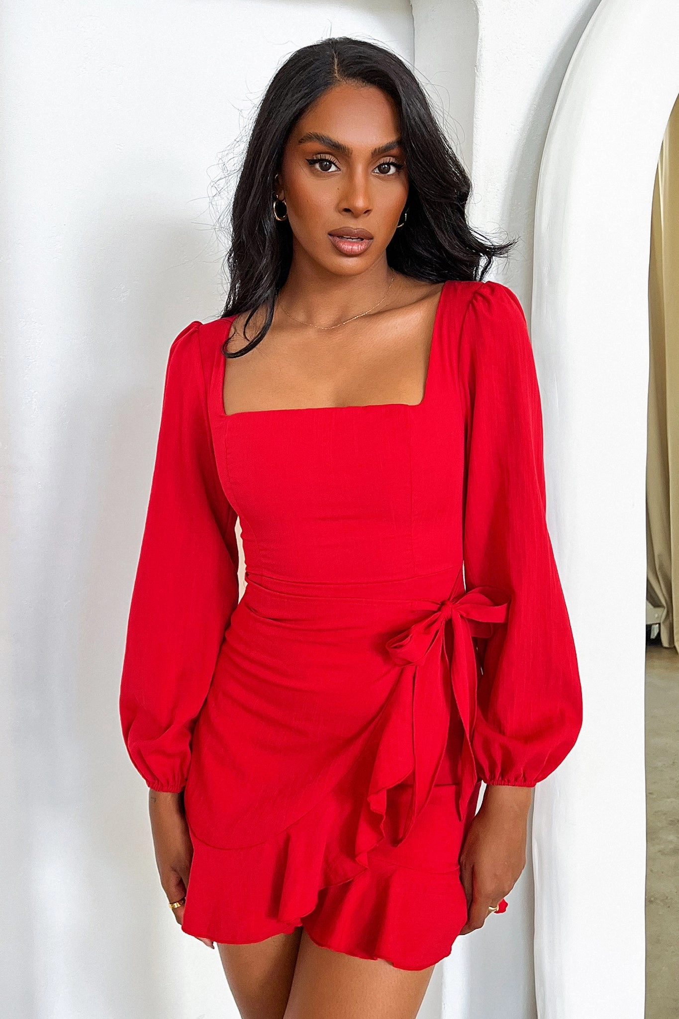 Lounge Comfort Silvana Long Sleeve Wrap Mini Dress - Red