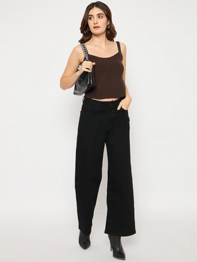 Madame Sleeveless Solid Coffee Brown Ribbed Knit Sweater Ribbed Hem Detailing Comfy Design