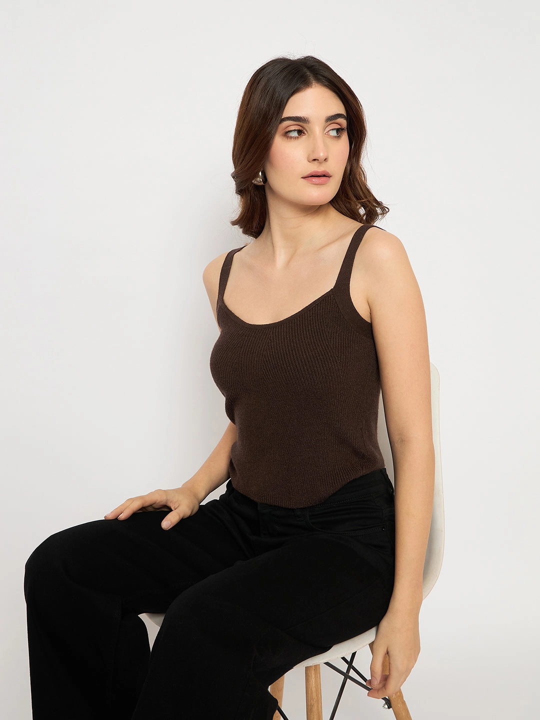 Abrasion Resistant Seams Madame Sleeveless Solid Coffee Brown Ribbed Knit Sweater