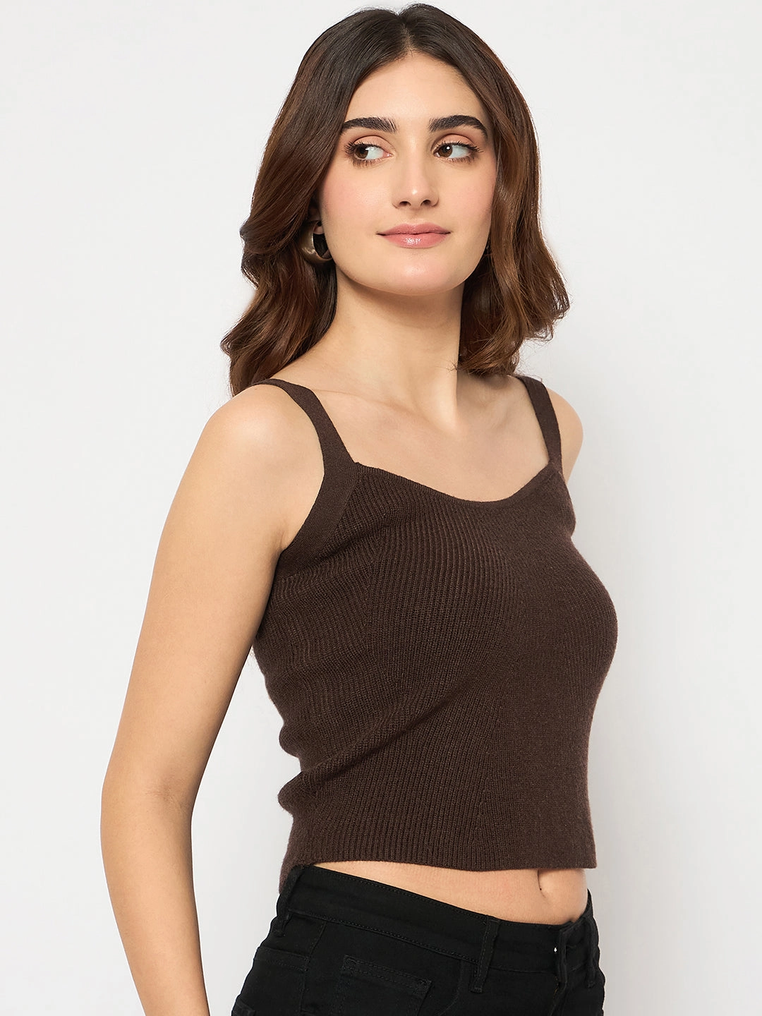 Relax Fit Design Madame Sleeveless Solid Coffee Brown Ribbed Knit Sweater