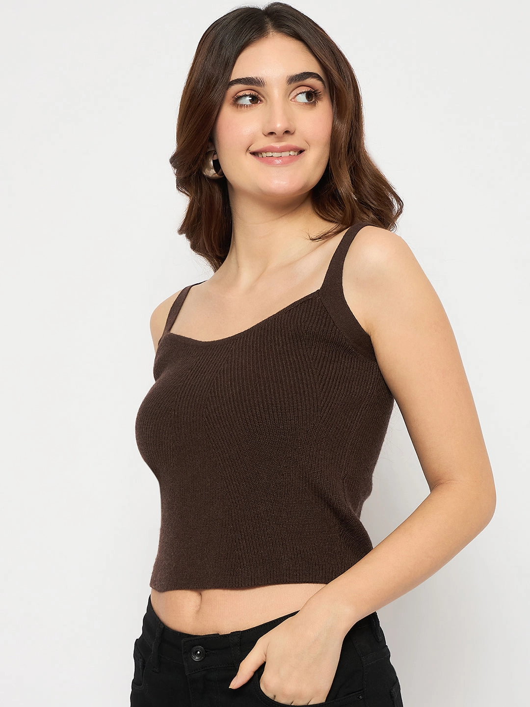 Madame Sleeveless Solid Coffee Brown Ribbed Knit Sweater Fit Comfort Wear