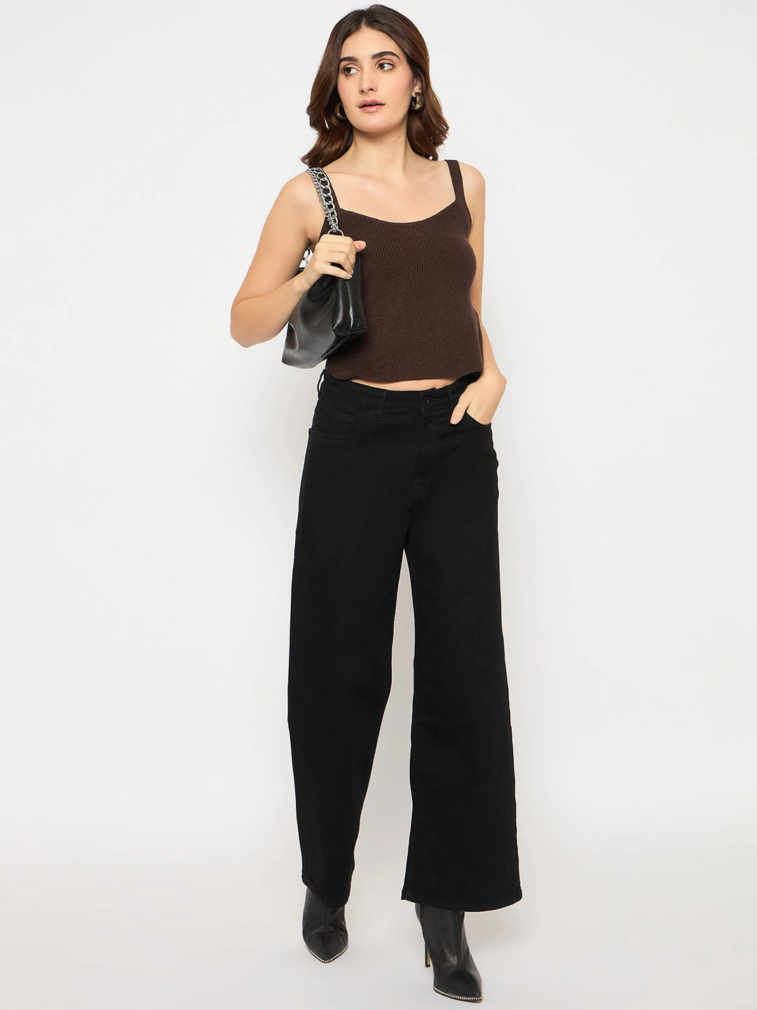 Madame Sleeveless Solid Coffee Brown Ribbed Knit Sweater Ribbed Hem Detailing Comfy Design