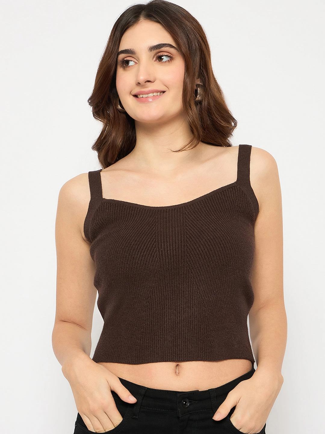 Madame Sleeveless Solid Coffee Brown Ribbed Knit Sweater Sleek Knit