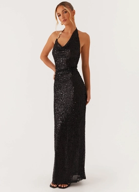 Effortless Layering Soft Silhouette After Tonight Sequin Cowl Neck Maxi Dress - Black