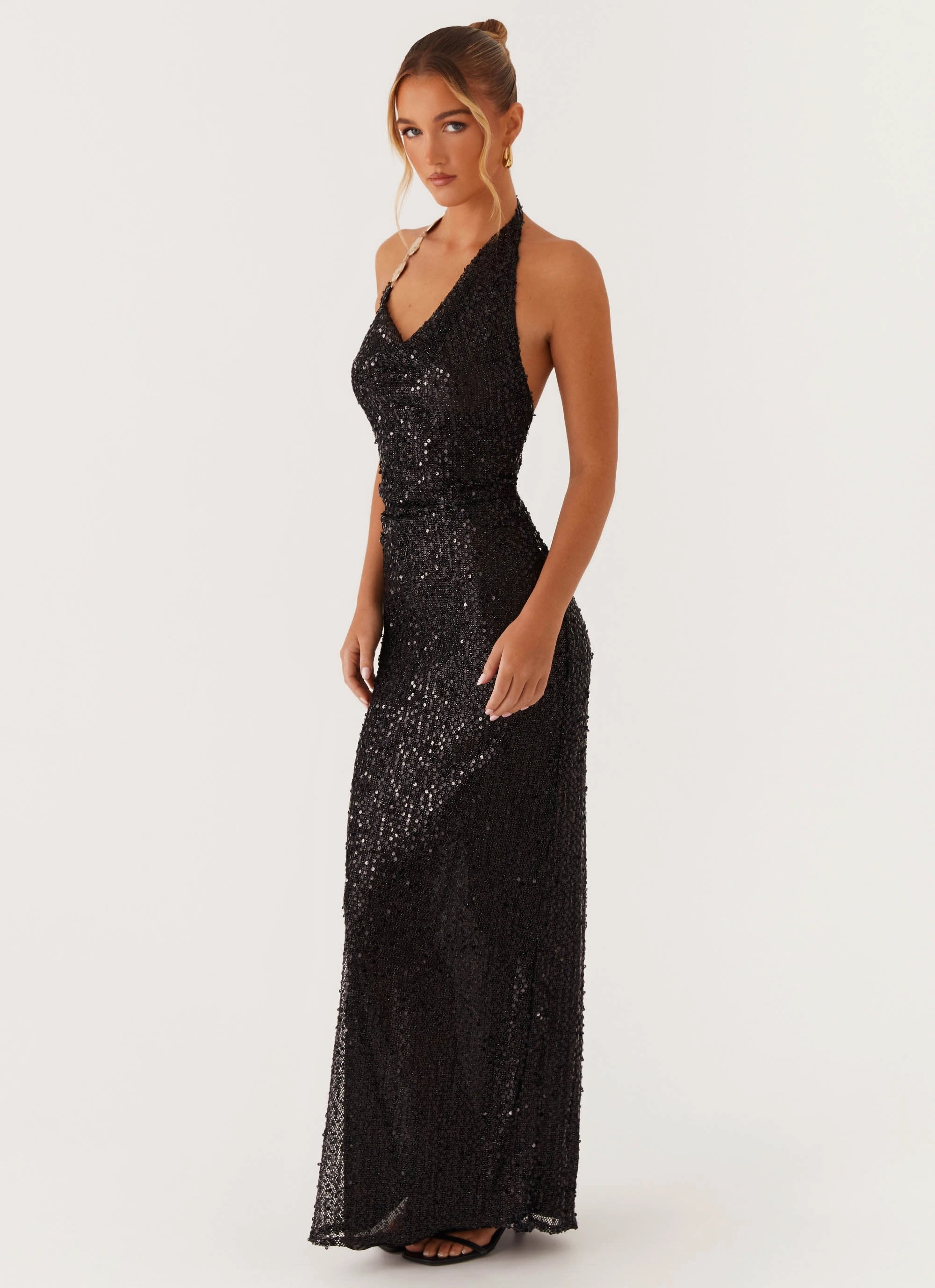 After Tonight Sequin Cowl Neck Maxi Dress - Black Soft Appeal Lace-Sleeve