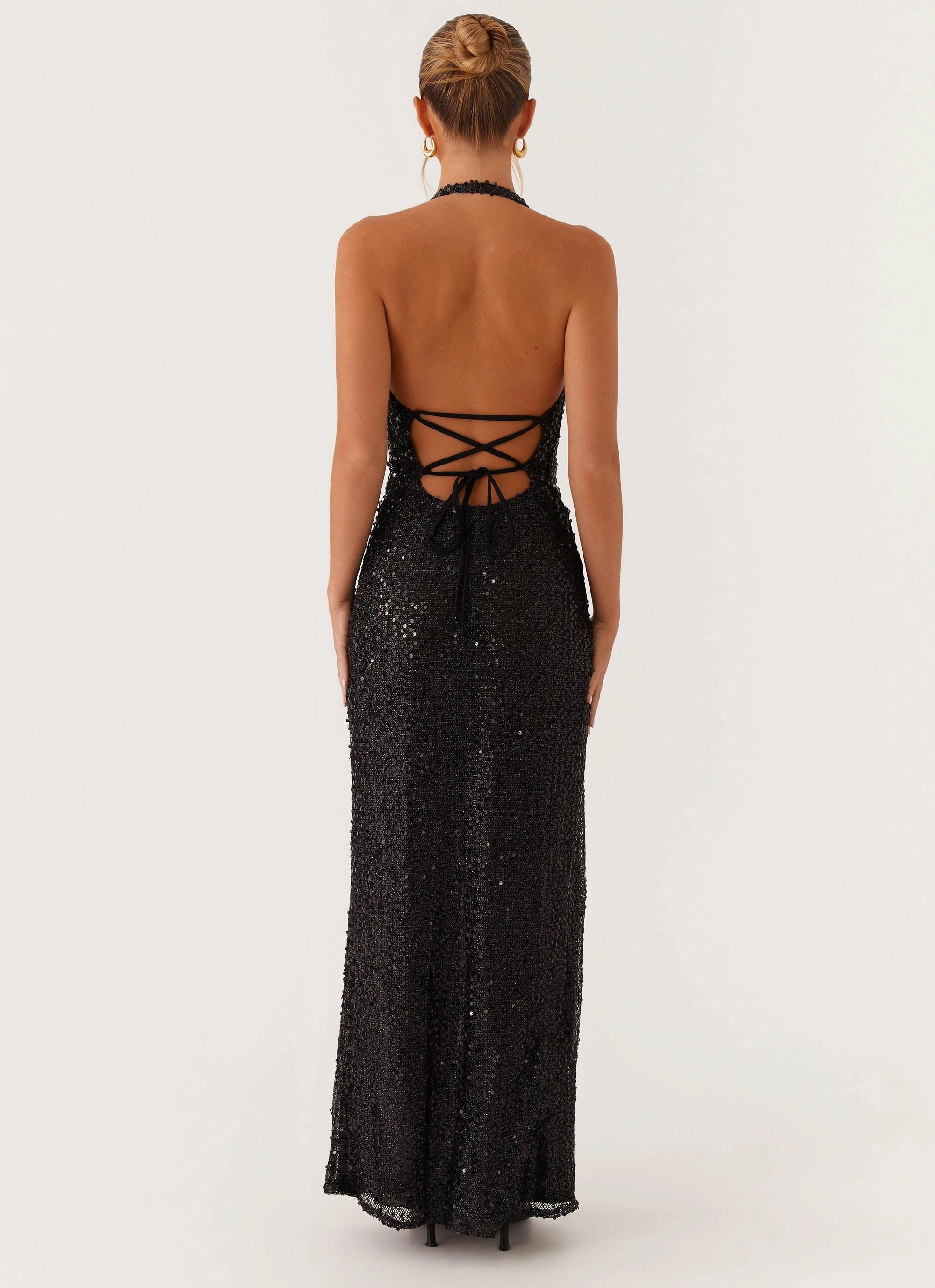 Cool Finish Clear Blush After Tonight Sequin Cowl Neck Maxi Dress - Black