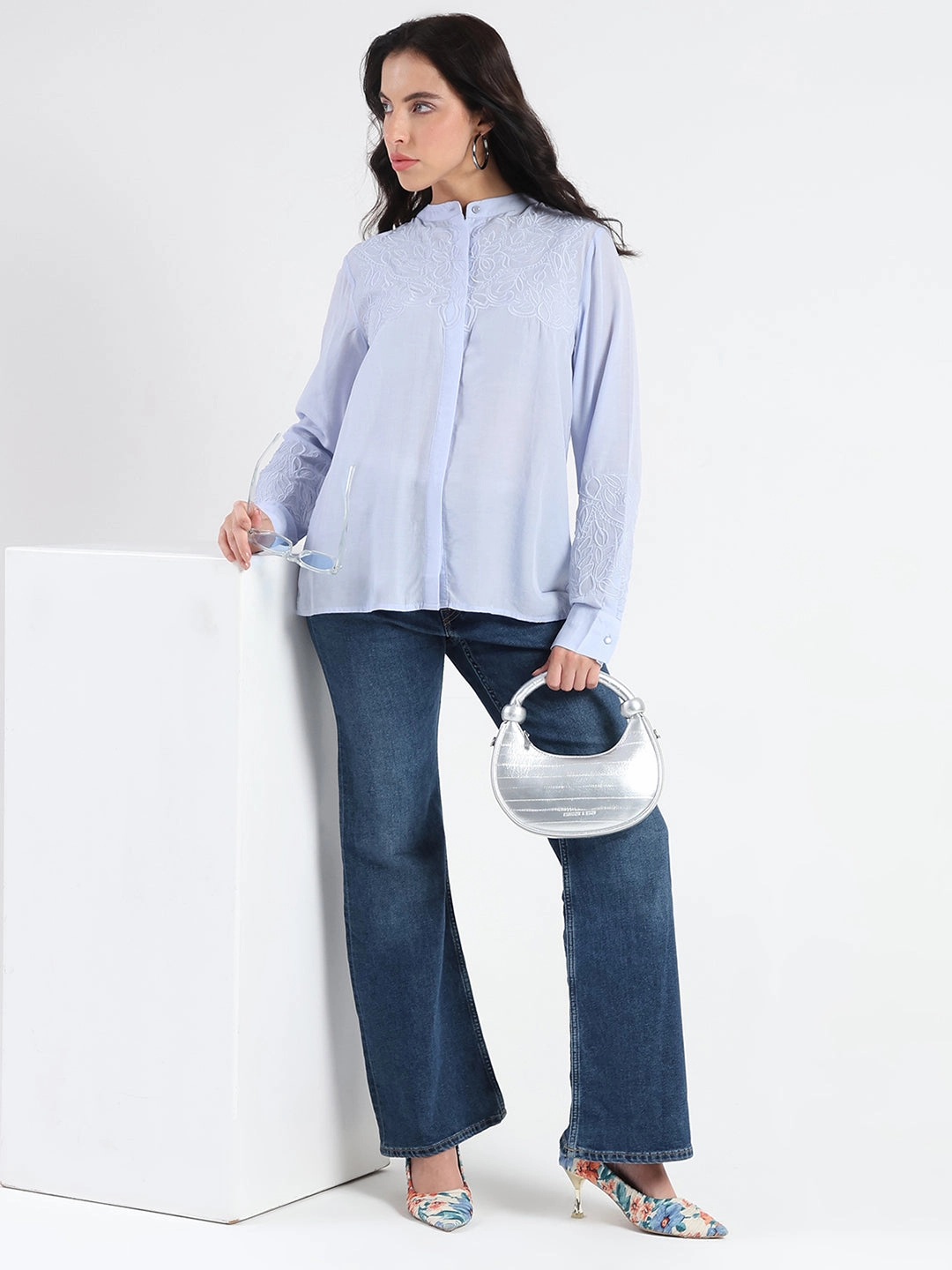 Relaxed Comfort Madame Tencel Blend Embroidery Detail Blue Shirt