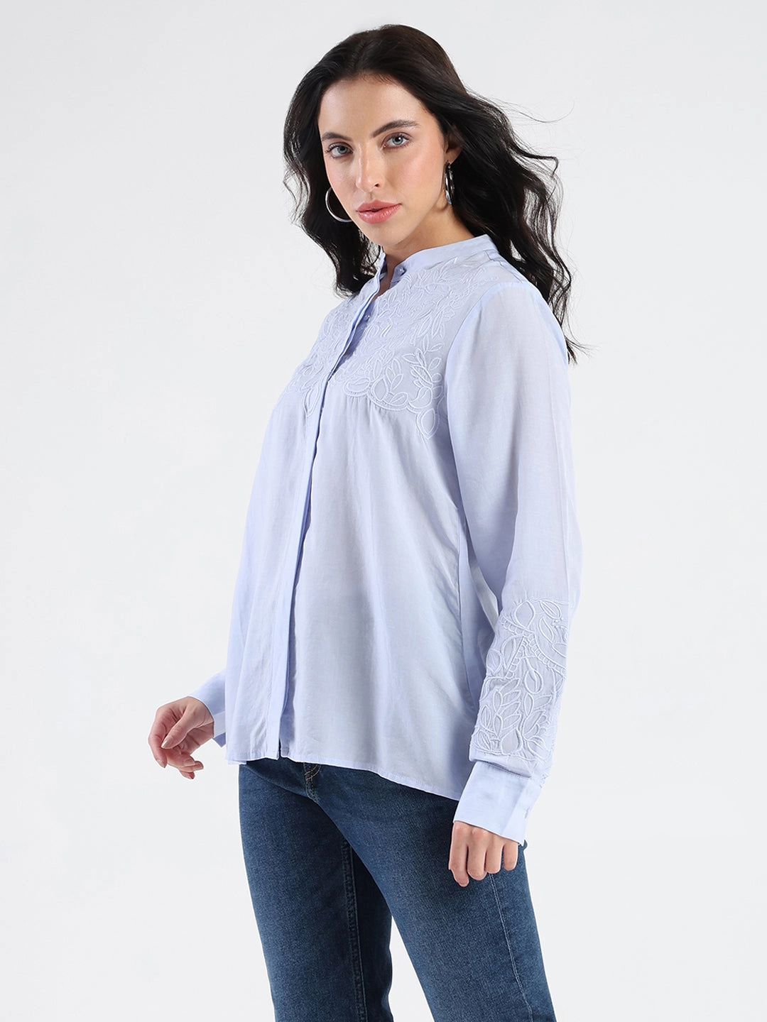 Madame Tencel Blend Embroidery Detail Blue Shirt Sporty Design