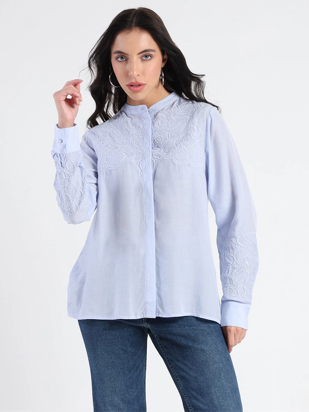 Madame Tencel Blend Embroidery Detail Blue Shirt Petite Cut Functional Design
