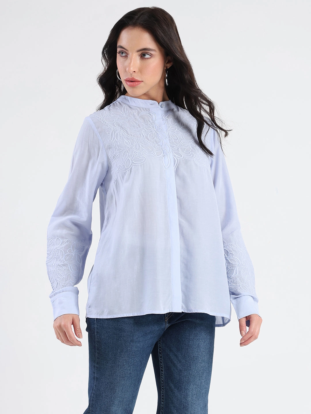 Madame Tencel Blend Embroidery Detail Blue Shirt Cocktail Event
