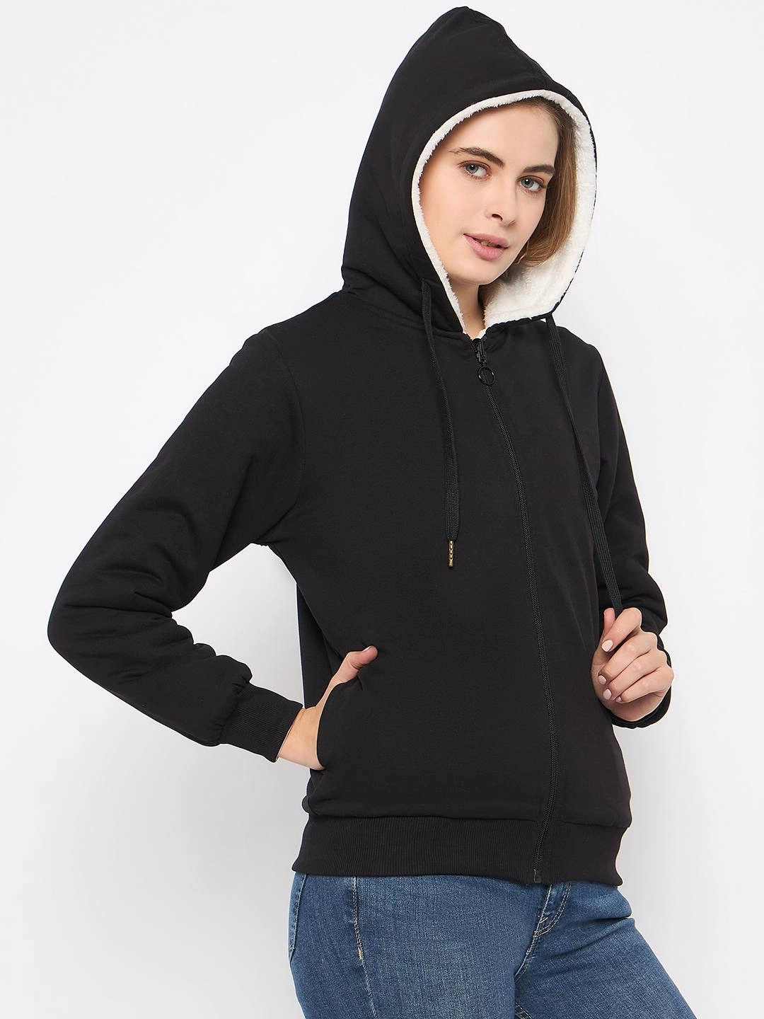 goes with high heels product duck cloth ruggedness Madame Metal Detailed Zipper Black Hooded Sweatshirt