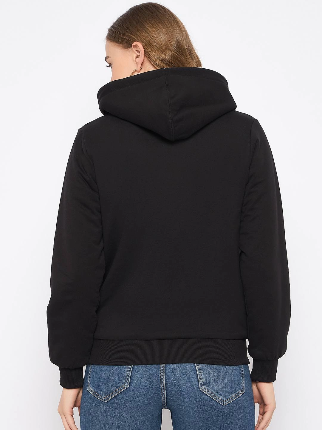 Madame Metal Detailed Zipper Black Hooded Sweatshirt Basic Hoodie windproof