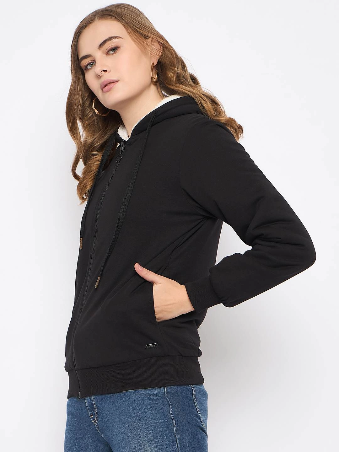 shrink-resistant product animal print wildness Madame Metal Detailed Zipper Black Hooded Sweatshirt