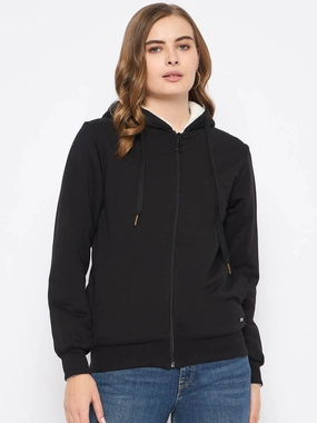 product houndstooth sophistication Madame Metal Detailed Zipper Black Hooded Sweatshirt