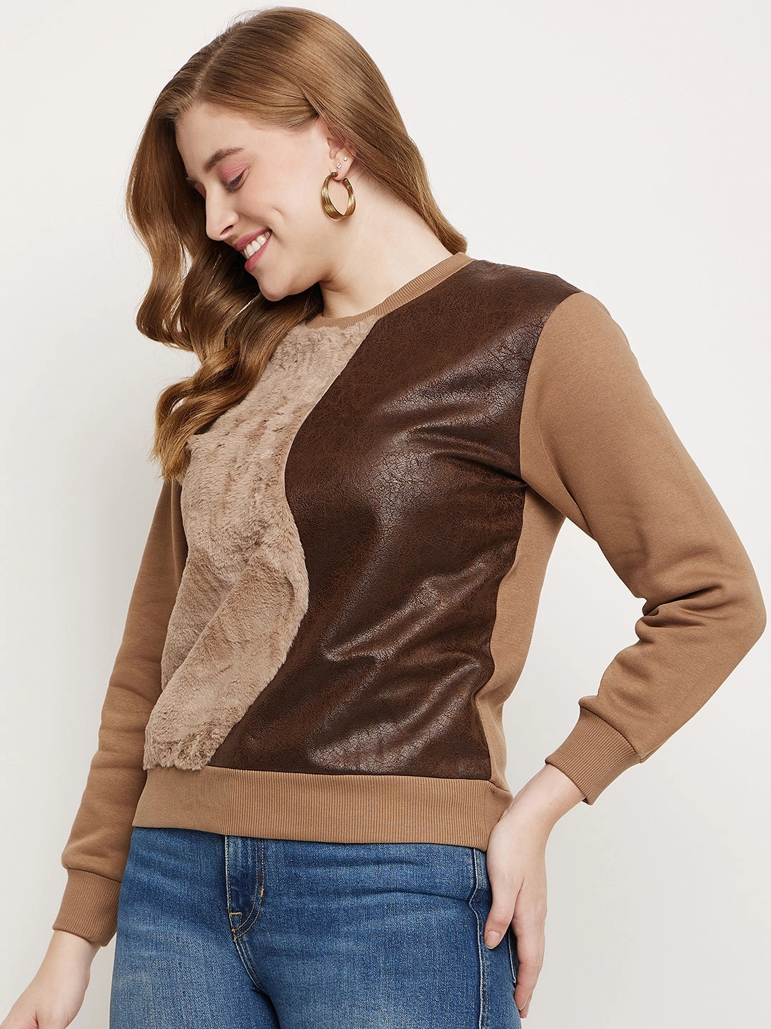 Daily Sporty Chambray Madame Brown Fleece And Faux Leather Colourblocked Sweatshirt