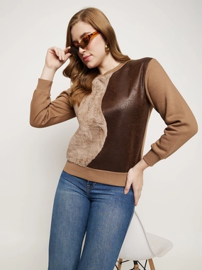 Chilly Weather Madame Brown Fleece And Faux Leather Colourblocked Sweatshirt