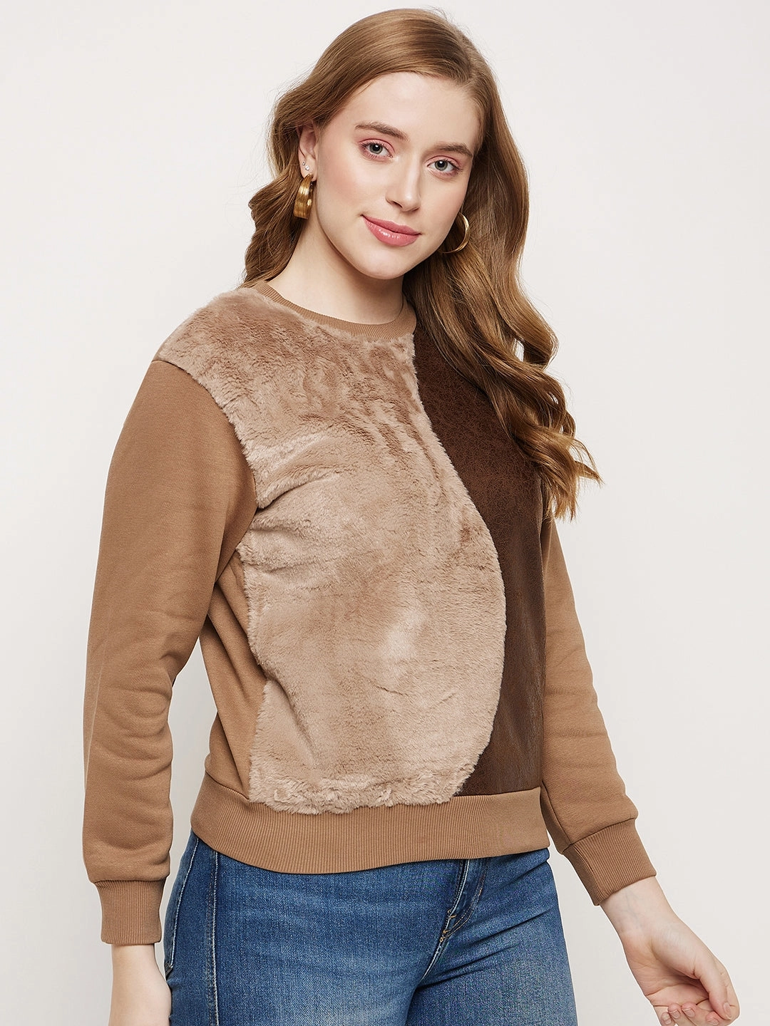 Madame Brown Fleece And Faux Leather Colourblocked Sweatshirt Casual Essentials