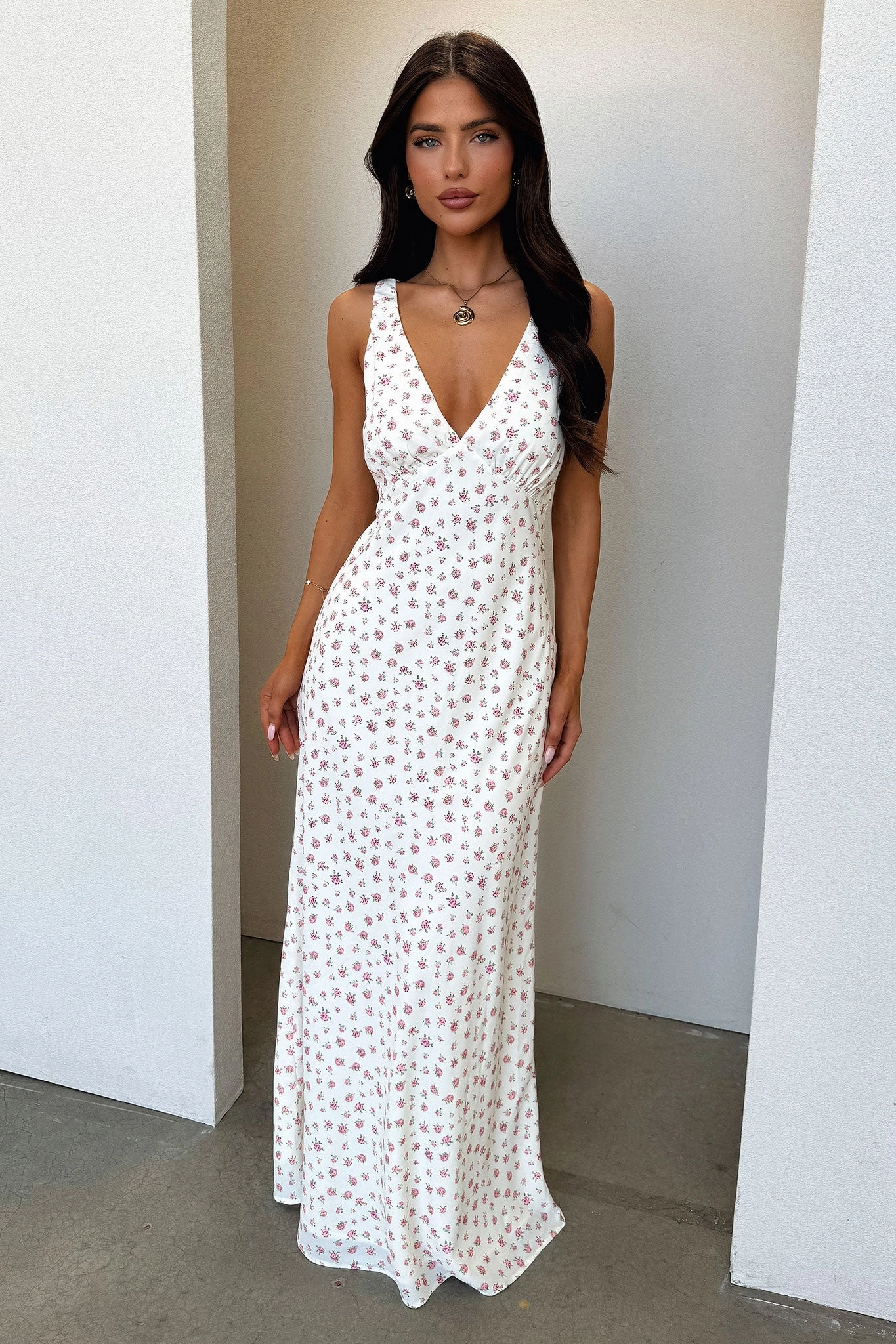 Naf V-Neck Maxi Dress - Rose Floral Romantic dinner wear