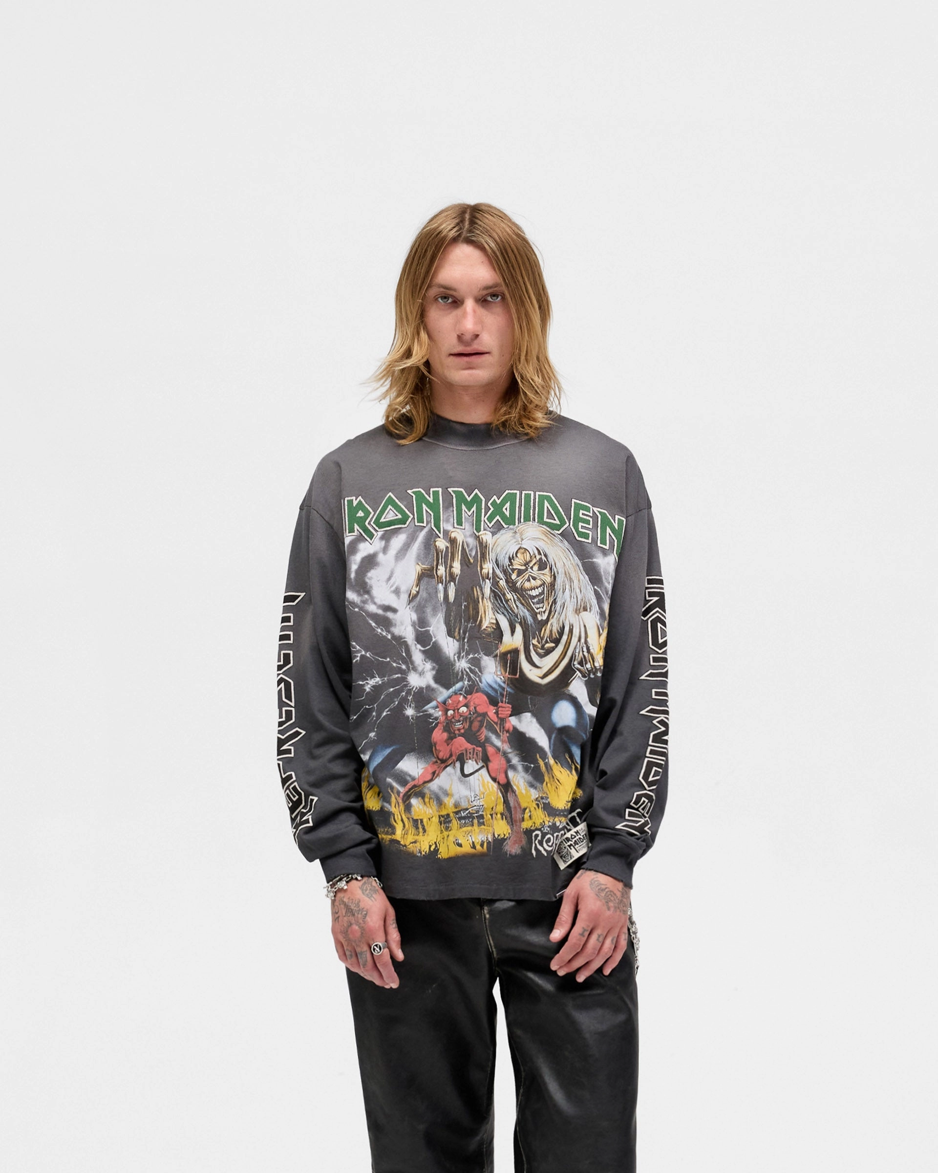 Bohemian freedom Seamless construction Represent X Iron Maiden Number Of The Beast Long Sleeve T-Shirt - Sunfade Grey