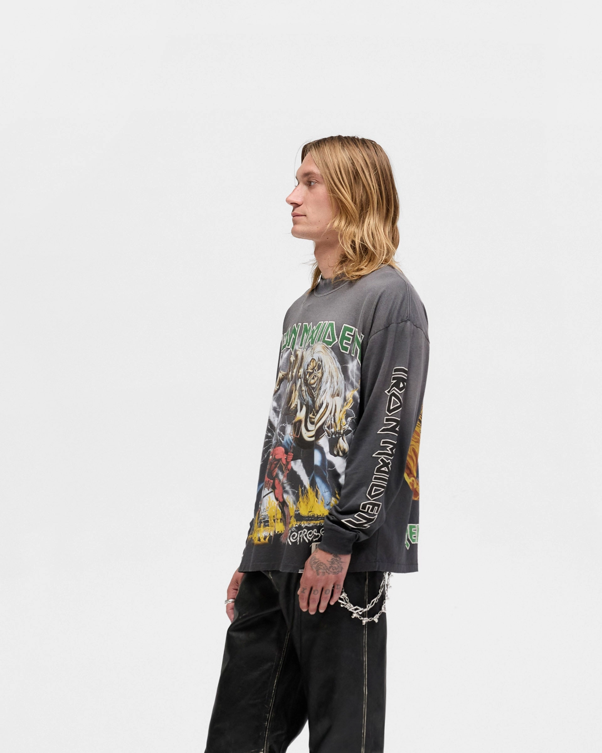 Ultimate Fit Represent X Iron Maiden Number Of The Beast Long Sleeve T-Shirt - Sunfade Grey