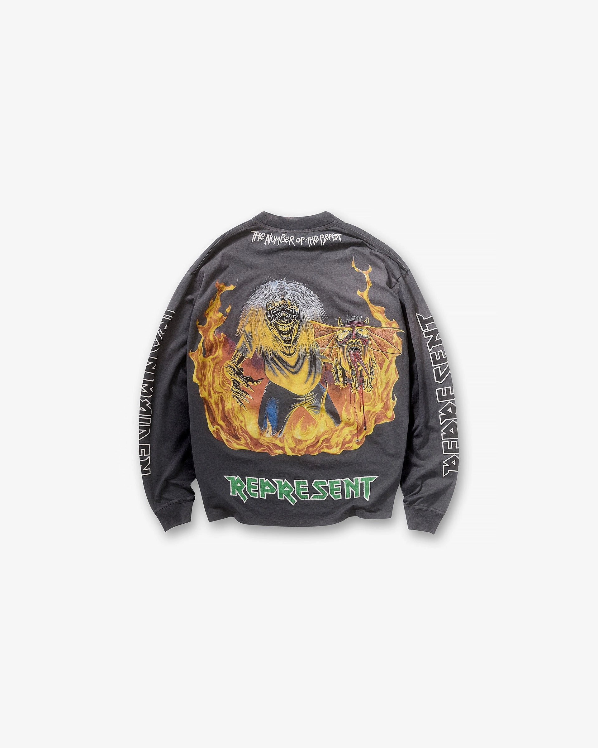 Represent X Iron Maiden Number Of The Beast Long Sleeve T-Shirt - Sunfade Grey Fit Design TexturedWeavePattern