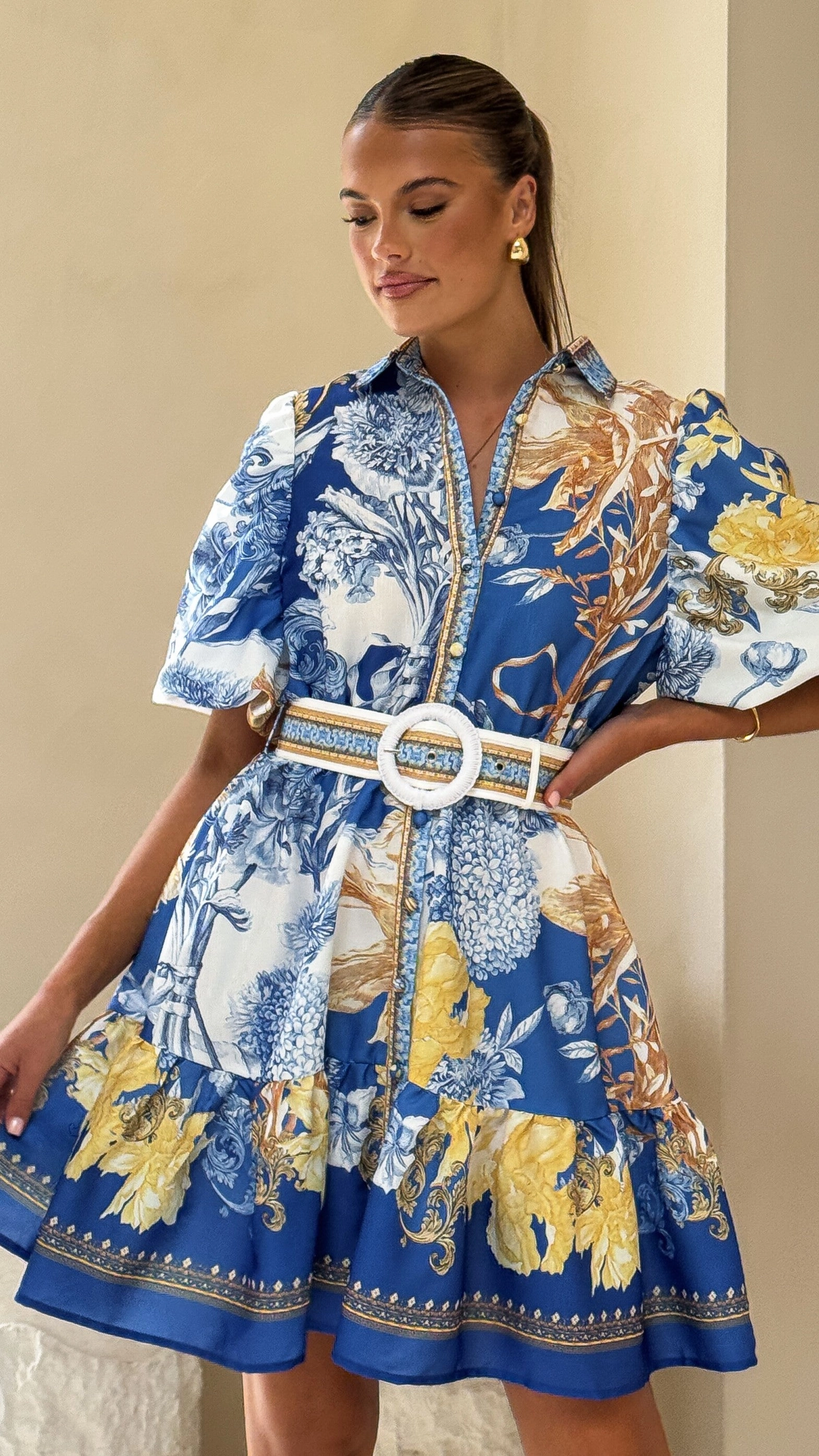Kalliope Mini Dress - Blue Doll understated look Sage Glow