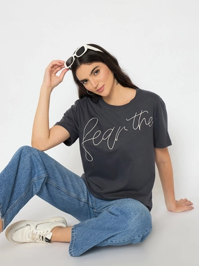 Chic Style Trend Madame Typography Print Charcoal Black Cotton T-shirt