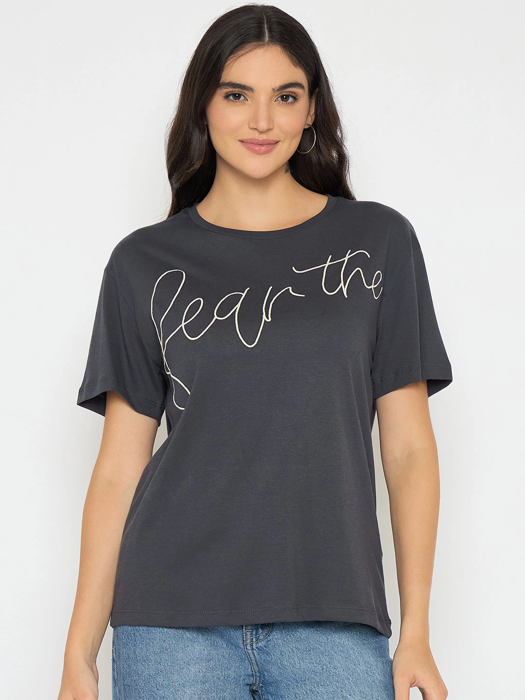 Madame Typography Print Charcoal Black Cotton T-shirt Weekend Smart