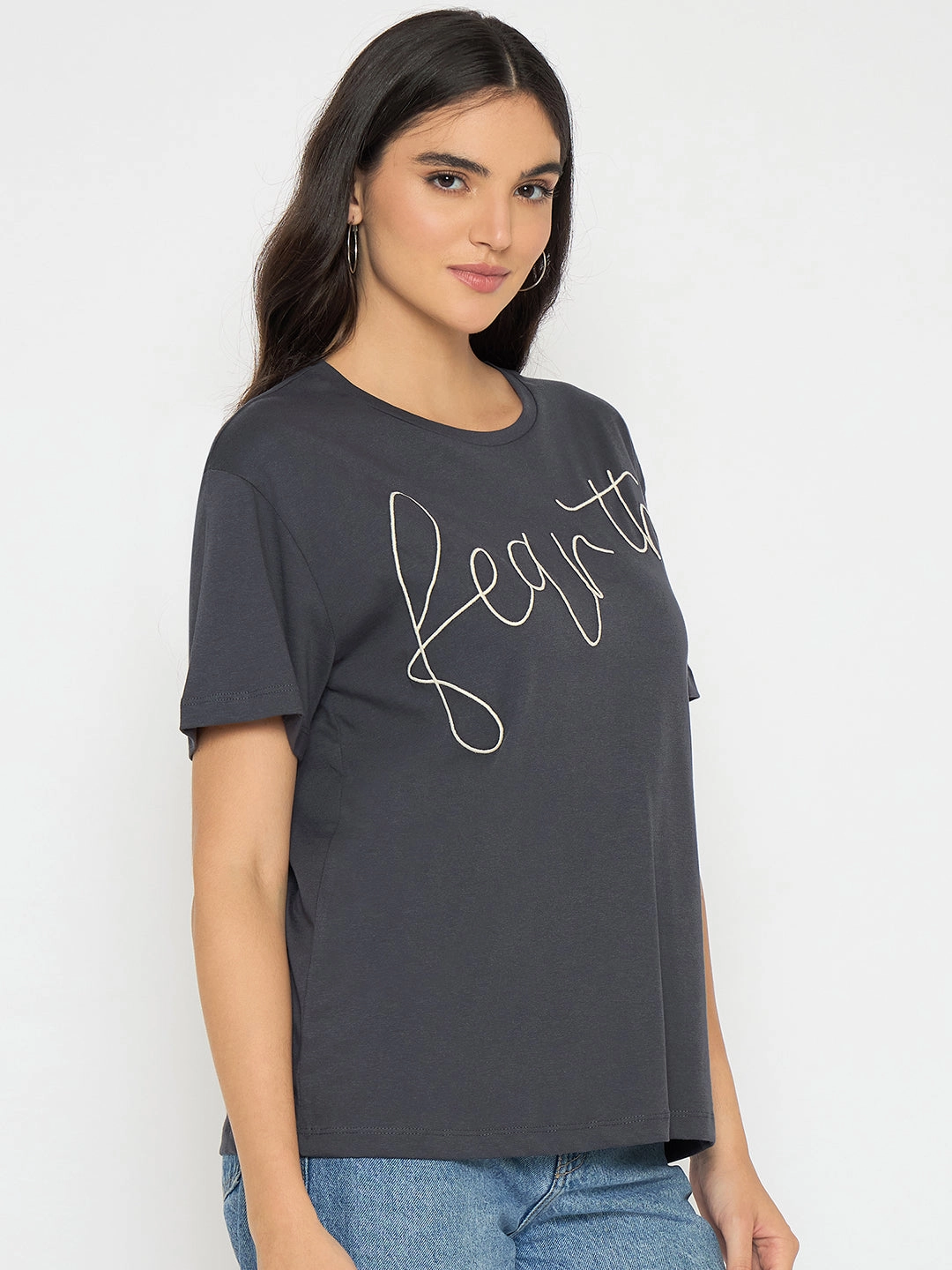 Madame Typography Print Charcoal Black Cotton T-shirt Fashion Layering Non Restrictive Fit