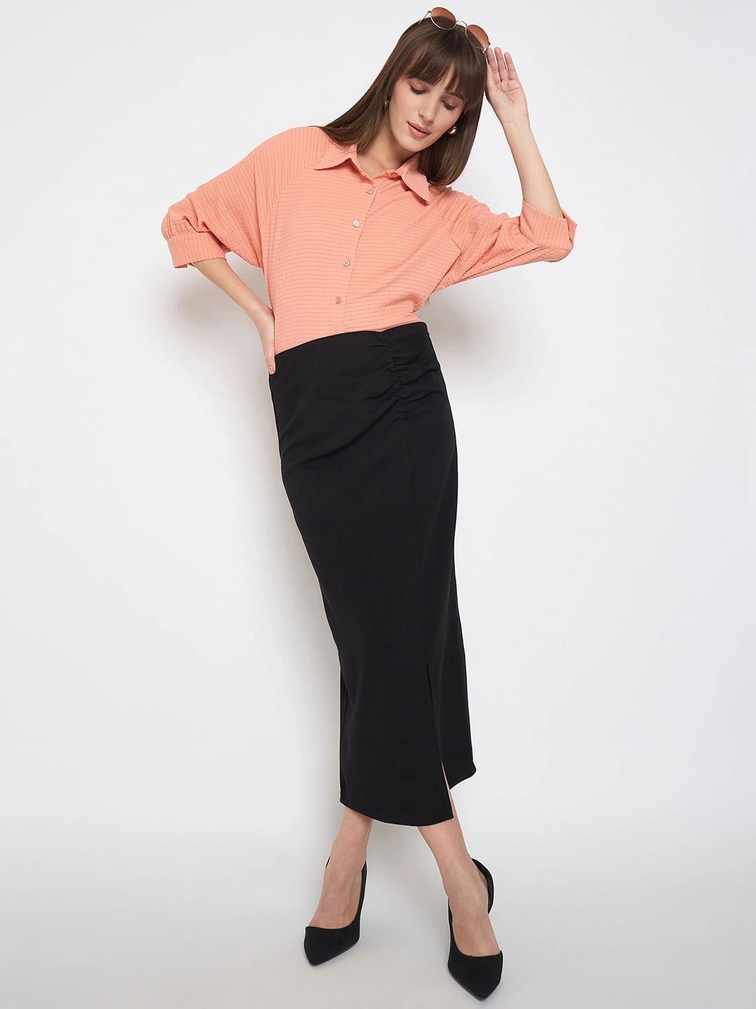 Madame Shirt Collar Buttoned Orange Crop Shirt Seamless Side Panels Casual Look