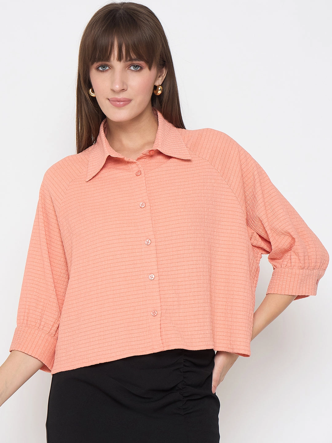 Fitted Cut crew neck Madame Shirt Collar Buttoned Orange Crop Shirt