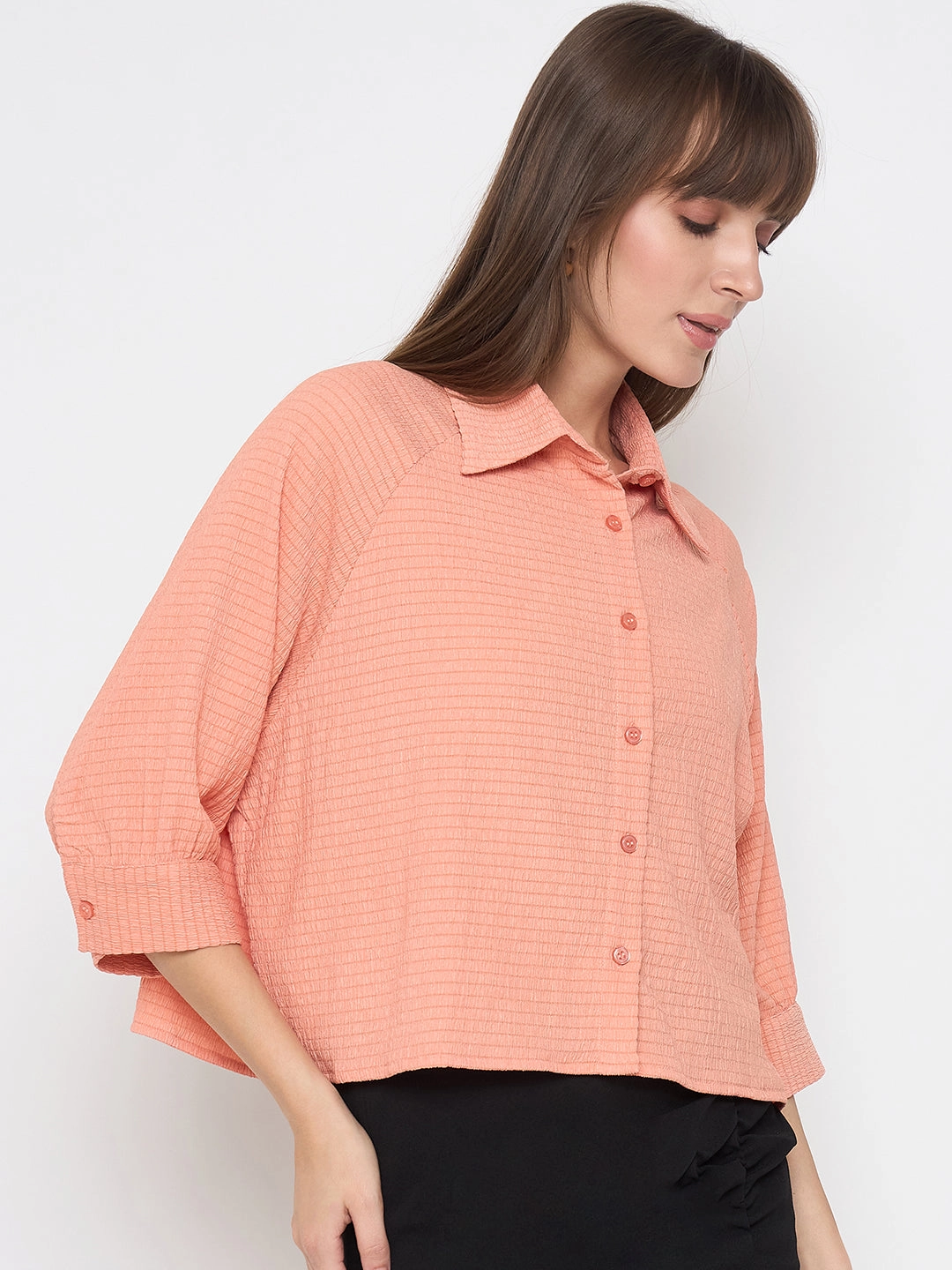 Trendy designs Subtle patterns Madame Shirt Collar Buttoned Orange Crop Shirt