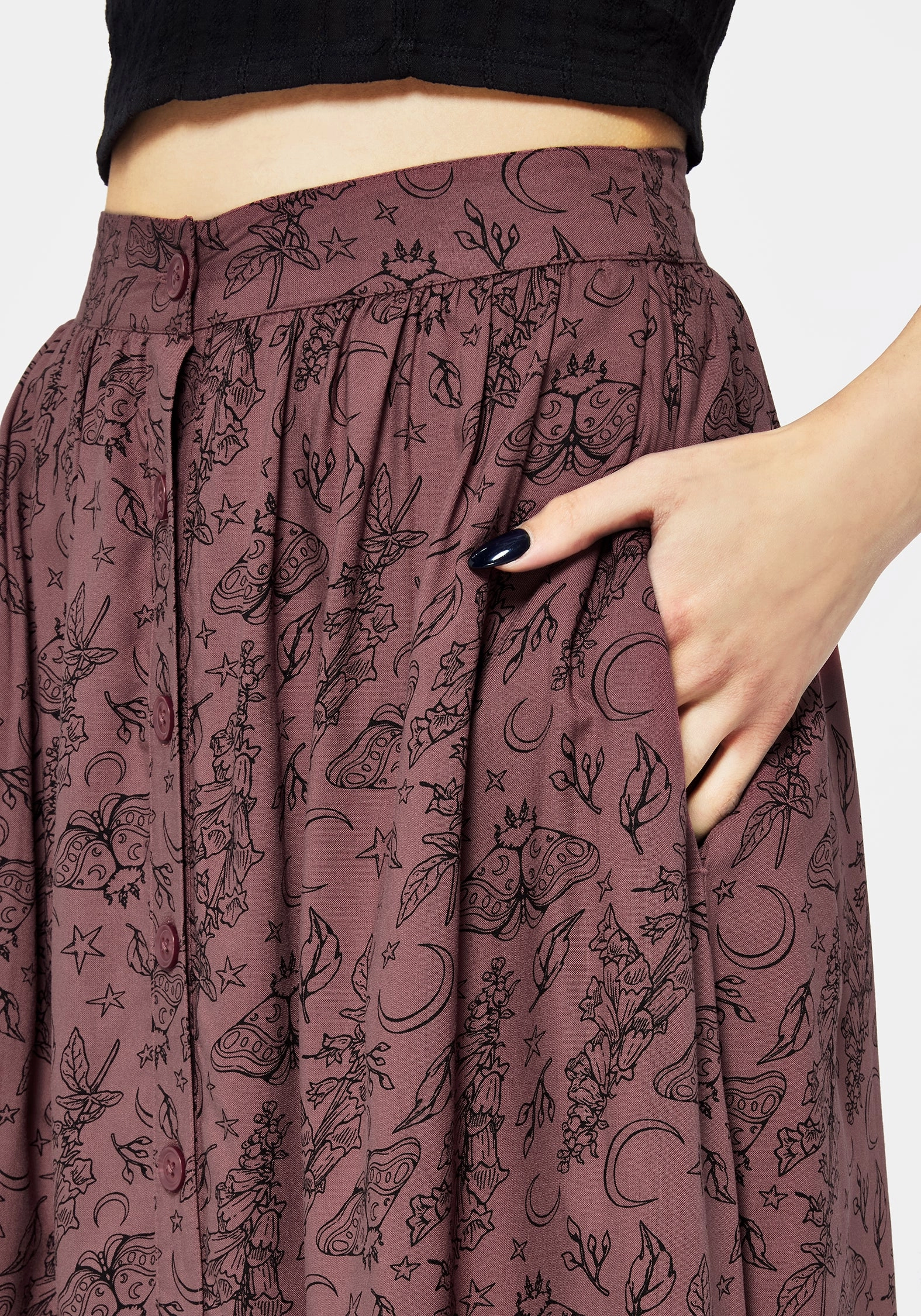 Shirred Back Roxana Moth Foxglove Button Down Midi Skirt